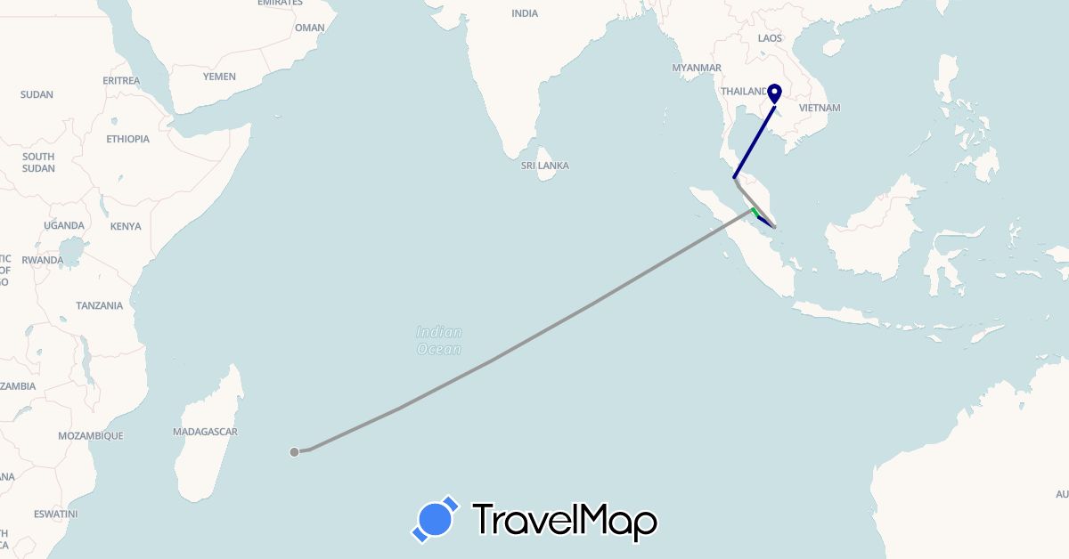 TravelMap itinerary: driving, bus, plane in Cambodia, Mauritius, Malaysia, Réunion, Singapore (Africa, Asia)